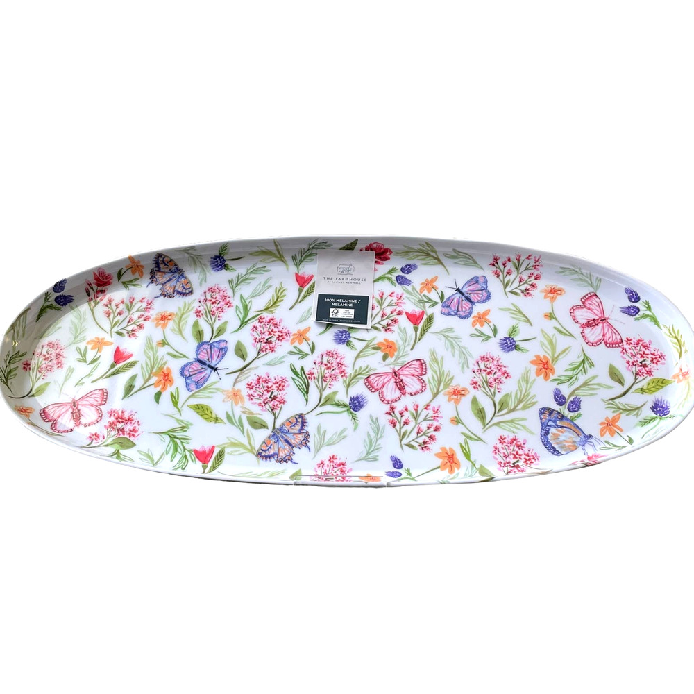 Rachel Ashwell Farmhouse Floral Butterflies Melamine Serving Tray 19" Oval NEW